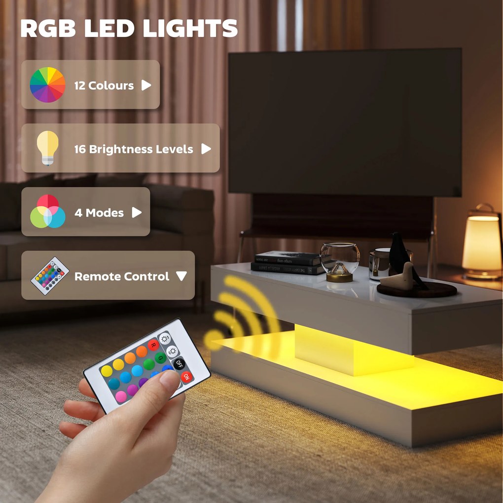 HOMCOM Stół do salonu z szufladami i lampkami LED, nowoczesny stół do kanapy z otwartą półką, stół kawowy, płyta wiórowa, Biały