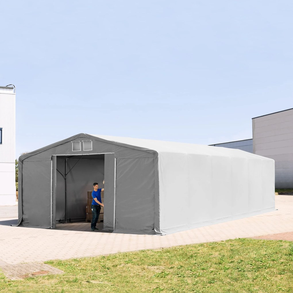 TOOLPORT 8x12m Hala namiotowa - 3,0 m wysokość ścian bocznych z bramą przesuwną, PVC 850, szary, ze statyką (podłoże gruntowe) - (93923)