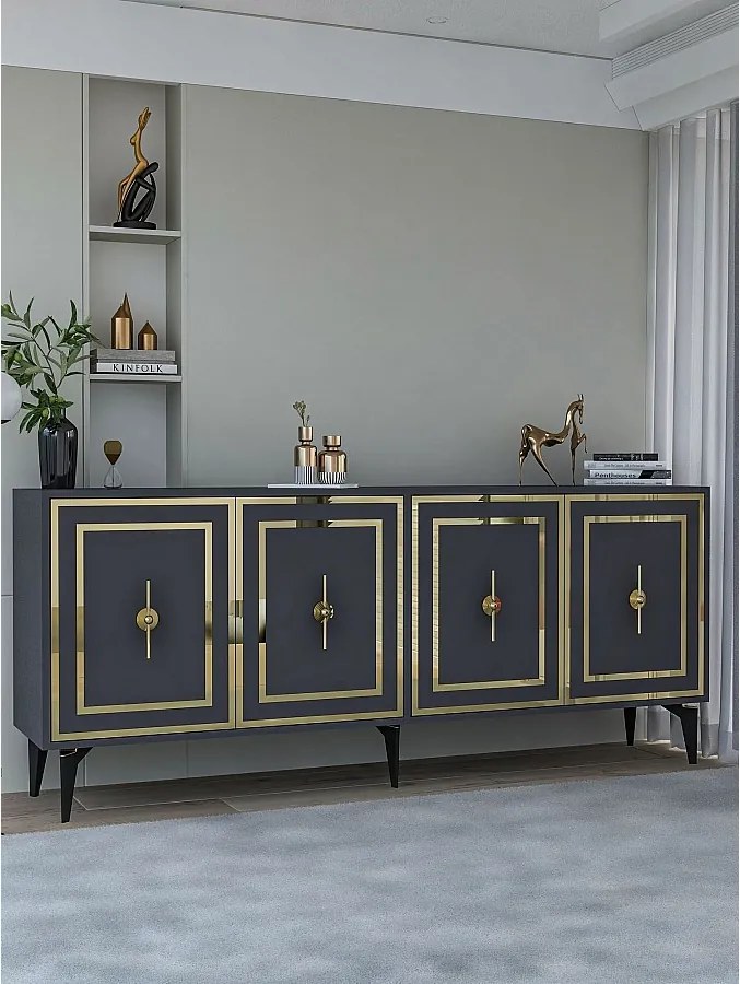 Komoda – 180 cm x 78,6 cm x 35 cm – Antracyt i złoto – Płyta wiórowa pokryta melaminą