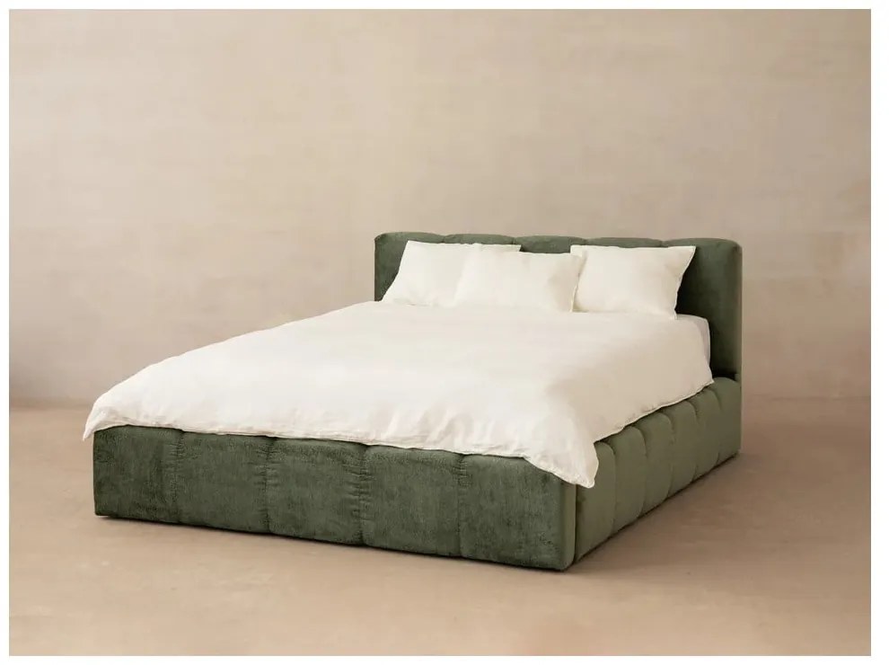 Zielone tapicerowane łóżko dwuosobowe ze schowkiem i stelażem 200x200 cm Lupine – Micadoni Home