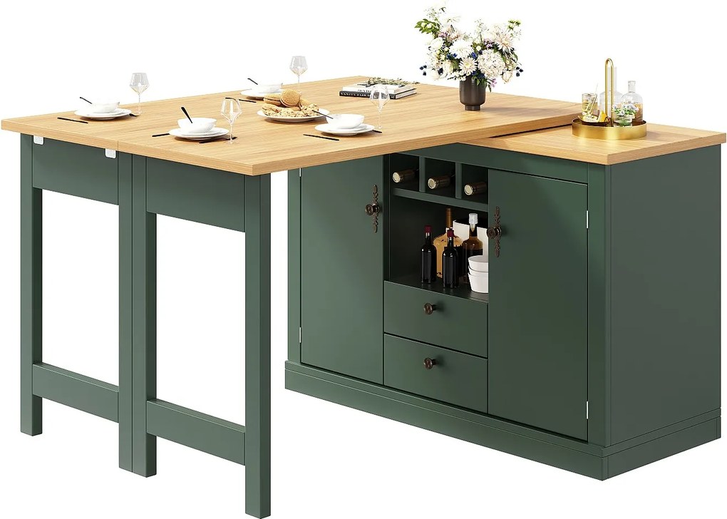 Rozsuwany bark kuchenny - z obrotem 360° - duży stół - 180x79,5x71,5cm - 2 szuflady i 2 drzwi - 3 przegródki na wino - Zielony