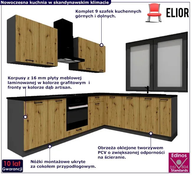 Zestaw mebli do kuchni 260 cm grafit + dąb artisan - Coleo 28X
