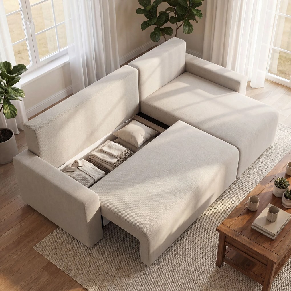 HOMCOM Narożnik z funkcją spania i odwracalnym szezlongiem, 3-osobowa sofa w kształcie L z efektem sztucznego zamszu, beżowy | Aosom PL