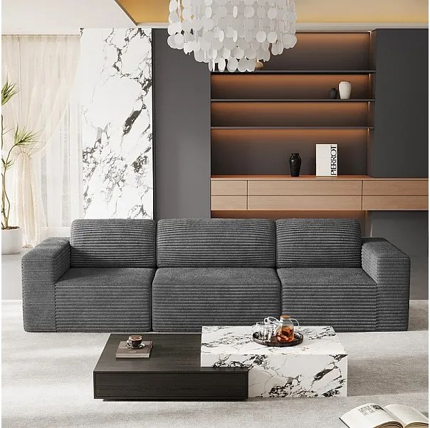 Modułowa Sofa 3-osobowa w Welurze Żebrowanym, z 3 poduszkami, 303x101x82cm, Szary
