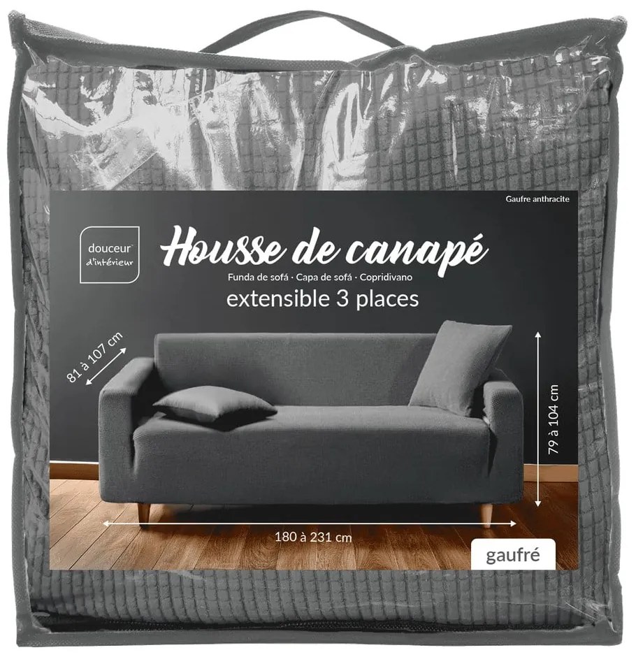 Antracytowy elastyczny pokrowiec na sofę 3-osobowy Sacha – douceur d'intérieur