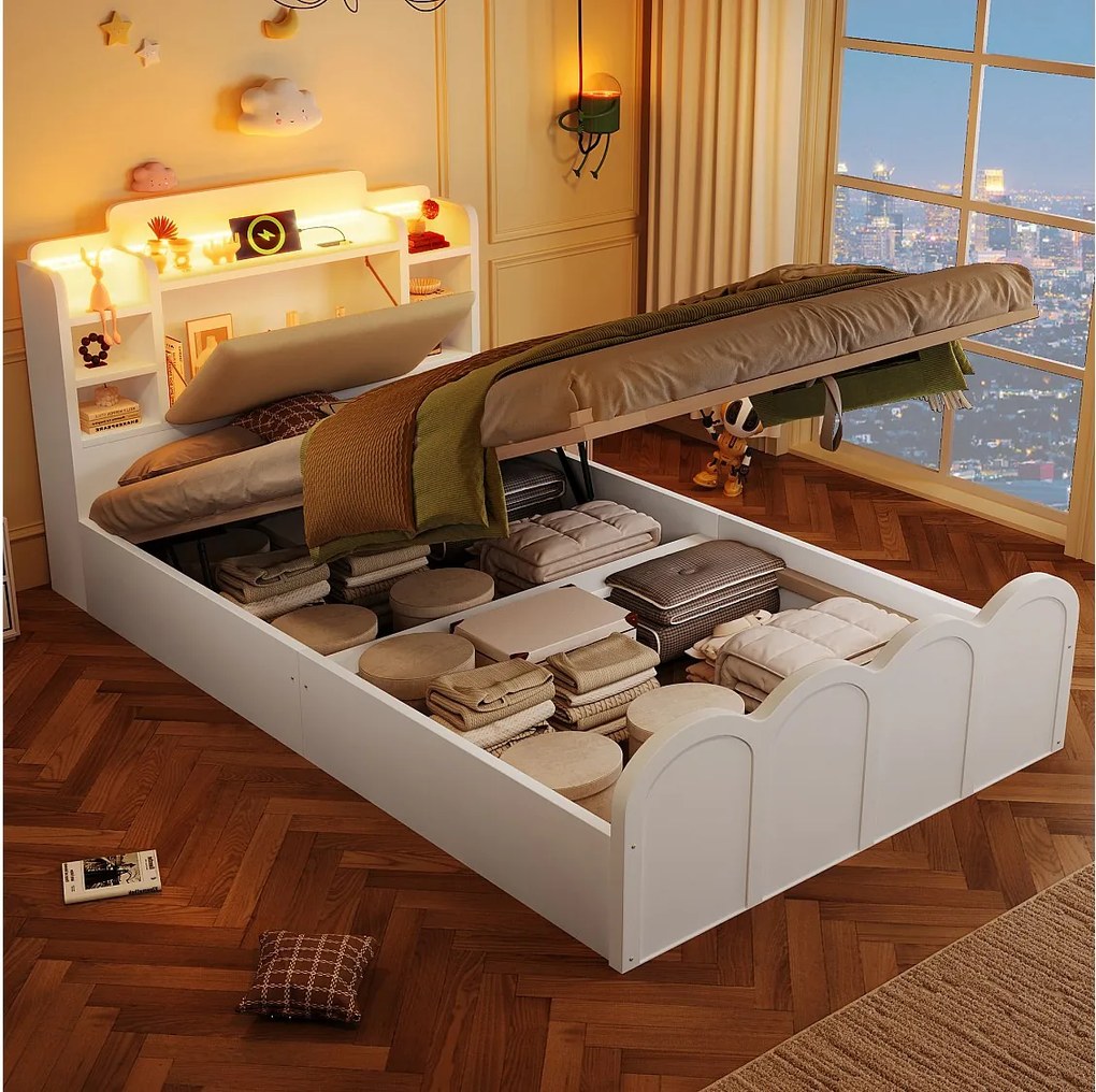 Łóżko hydrauliczne ze schowkiem - 90 x 200 cm - z USB + LED + otwierany zagłówek ze schowkiem - drewno - białe