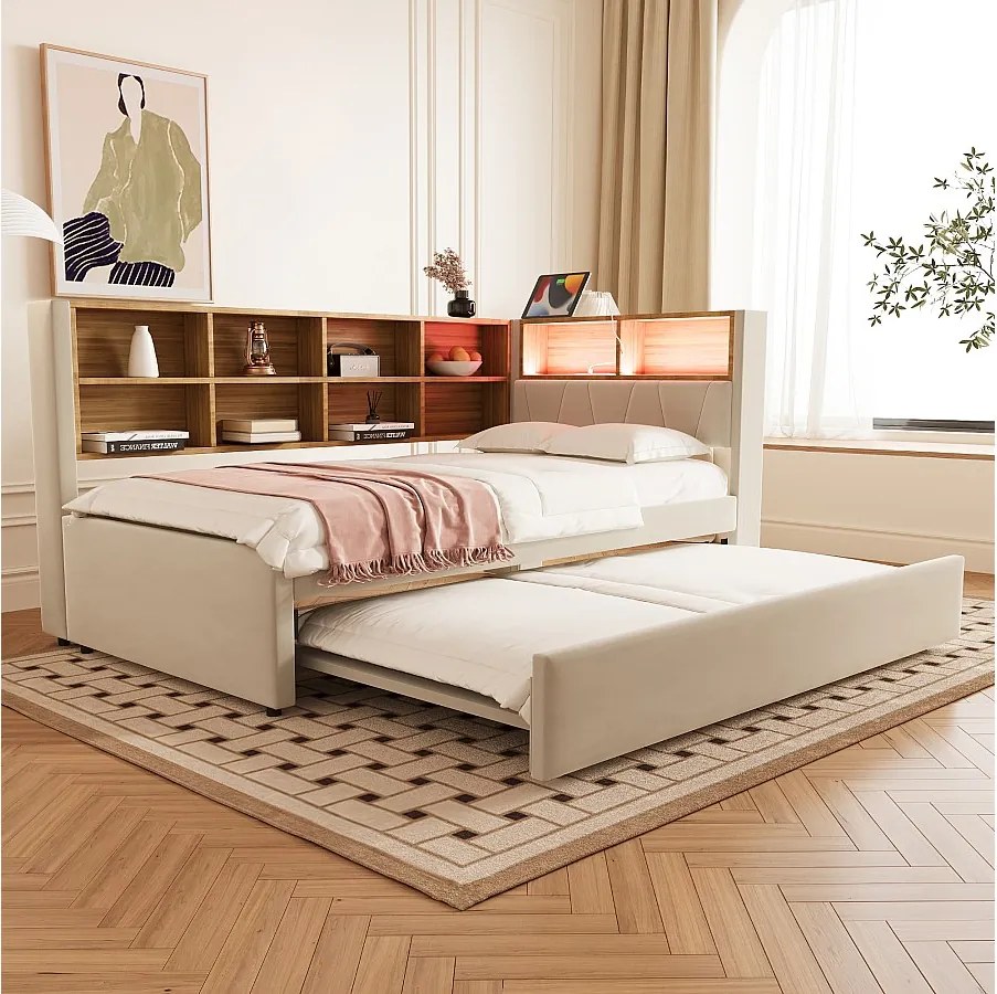 Sofa rozkładana tapicerowana - 90 x 200 cm + 90 x 190 cm - LED i gniazdka - ze schowkiem - Tkanina flanelowa - beżowa