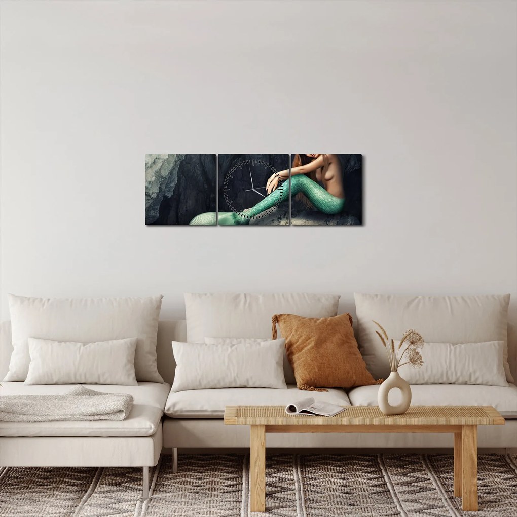 Obraz - Syrenka na skale (z zegarem) (90x30 cm)