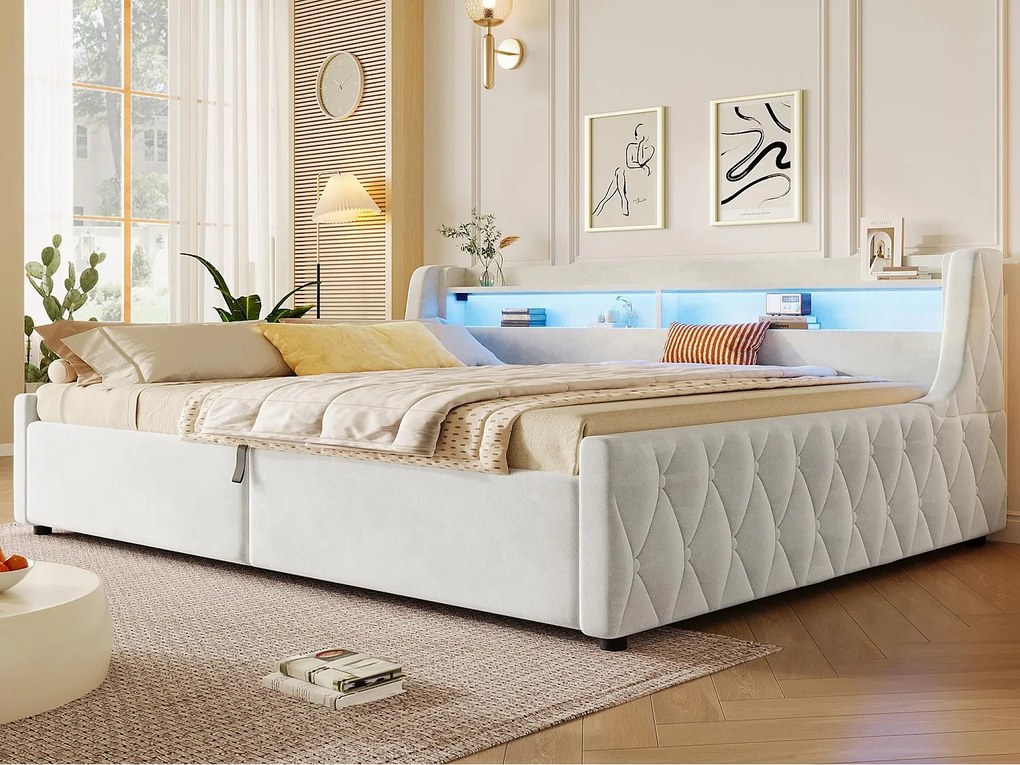 Sofa rozkładana z pojemnikiem 140 × 200 cm - z pojemnikiem i oświetleniem LED - tkanina welurowa + MDF - beżowy (materac nie w zestawie)