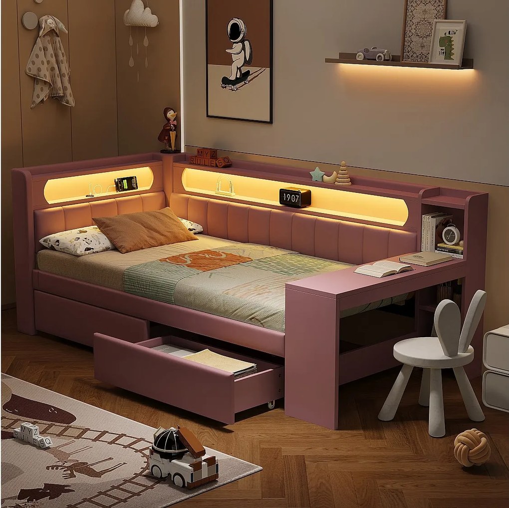 Sofa dziecięca rozkładana - 90 x 200 cm - z diodami LED + USB + biurko + 2 szuflady - płyta MDF + len - różowa