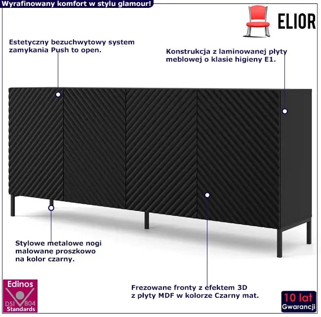 Komoda z półkami 200 cm czarny mat + czarne nóżki - Resa 4X