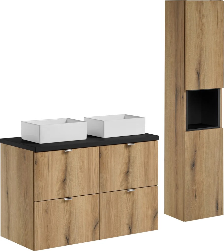Zestaw Nova 02 dąb coast evoke/czarny mat - szafka z szufladami i umywalkami 100 cm i słupek