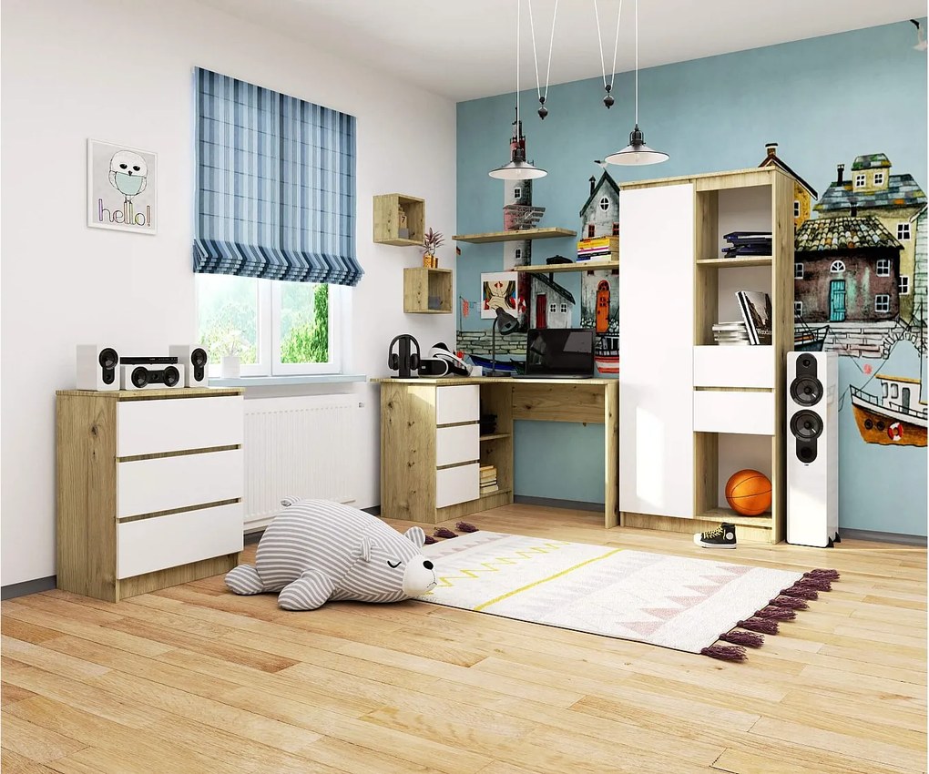 Biurko narożne AKORD B16 Dąb Artisan 124 cm lewe 3 szuflady kolor Biały mat 2 półki 124x85x77 cm