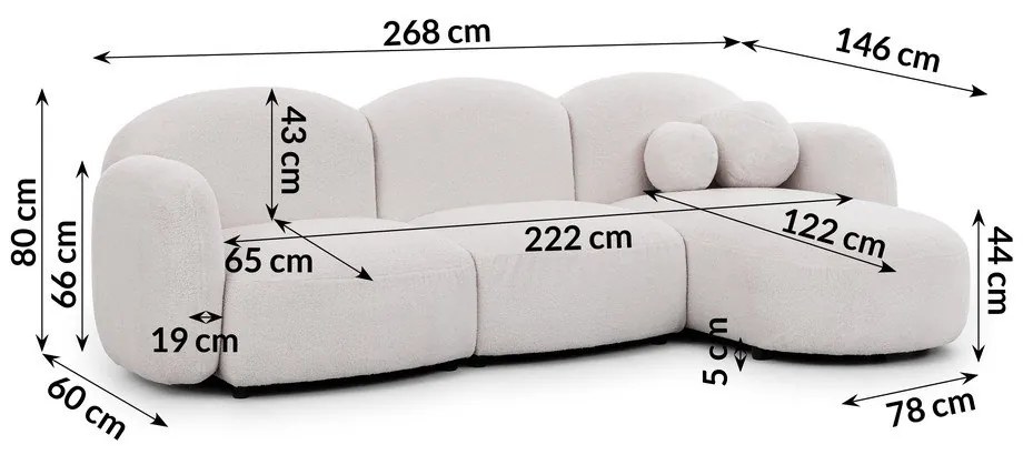 Kremowy narożnik z materiału bouclé (prawostronny/z szezlongiem) Orbit – Ropez