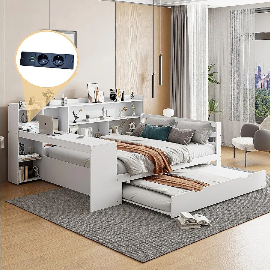 Łóżko wysuwane 140 x 200 cm + 90 x 190 cm - z biurkiem, przegródkami i portami USB - Sosna + sklejka + MDF - Białe
