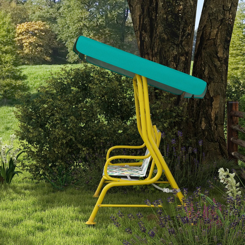 AIYAPLAY 2-osobowa dziecięca huśtawka Hollywood z regulowanym daszkiem przeciwsłonecznym pas bezpieczeństwa dla 3-6 lat do 60 kg 112x75x120cm zielony | Aosom PL