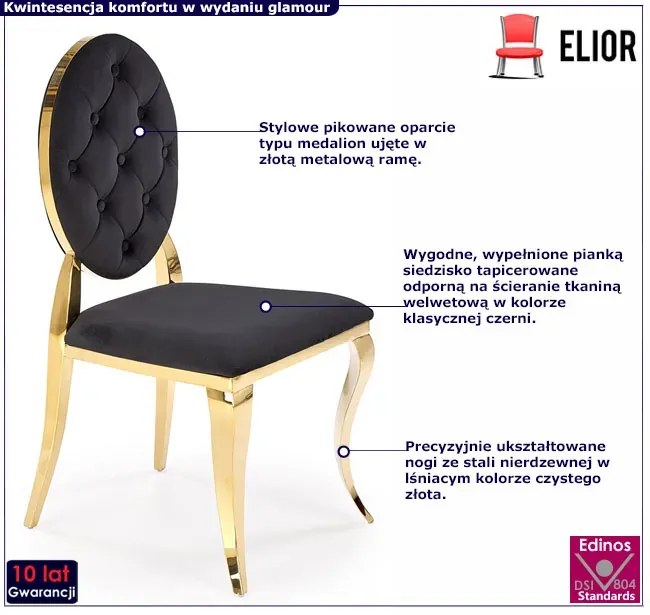 Pikowane krzesło ludwik w stylu glamour czarny + złoty - Lummo