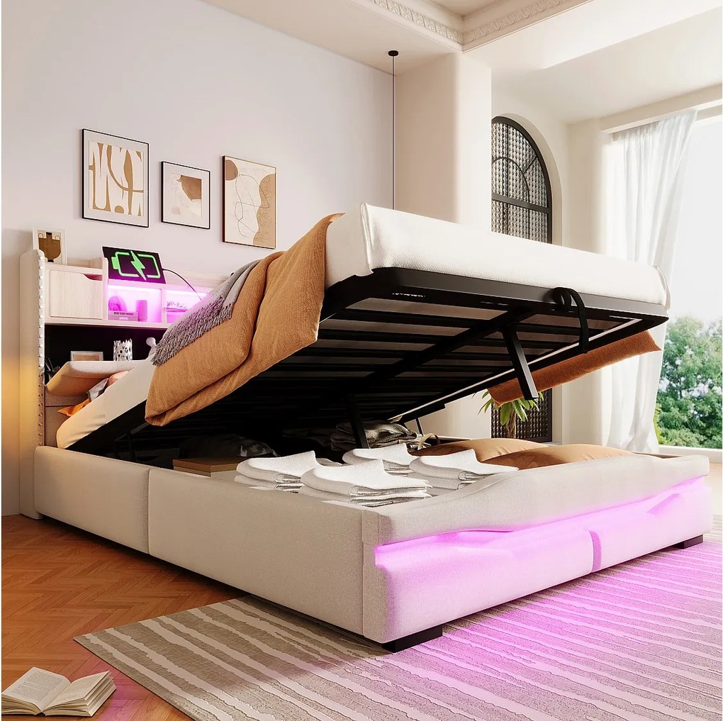 Łóżko z pojemnikiem 140x200 cm, łóżko dla dorosłych z USB i oświetleniem LED, zagłówek ze schowkiem - Beżowa len (bez materaca)