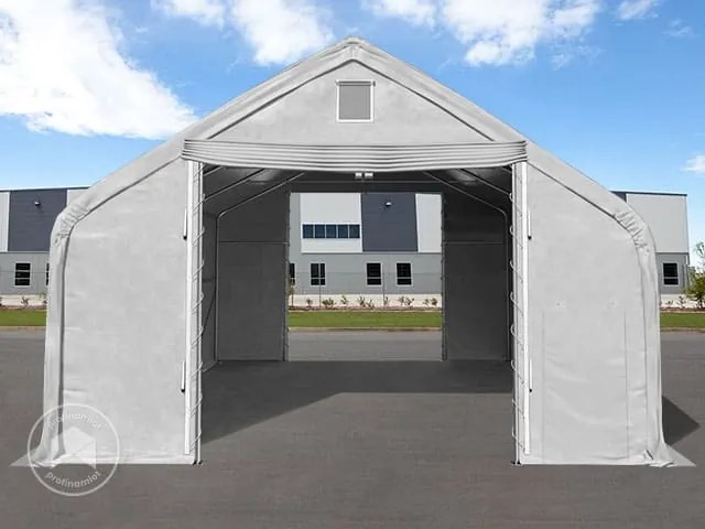 TOOLPORT 10x12m Hala namiotowa - 3 m wysokość ścian bocznych z 4x4m bramą, PRIMEtex 2300, szary, ze statyką (podłoże betonowe) - (48864)