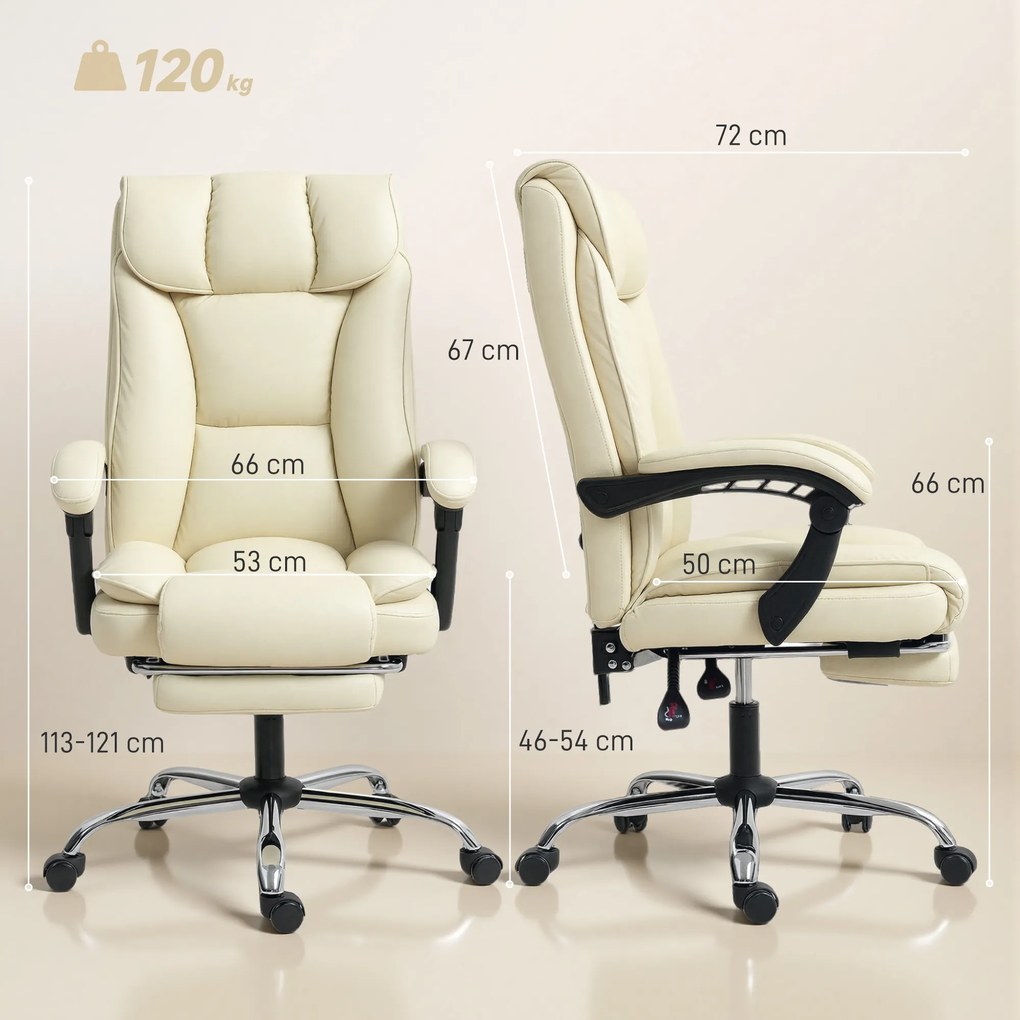 HOMCOM Ergonomiczny fotel biurowy z podnóżkiem, obicie z ekoskóry, na kółkach, obrotowy, metal, Beige+Schwarz