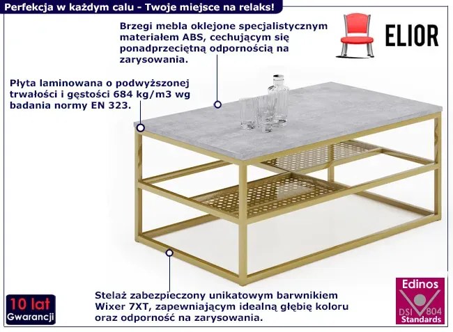 Metalowy stolik kawowy z półkami beton + złoty - Furios 3X