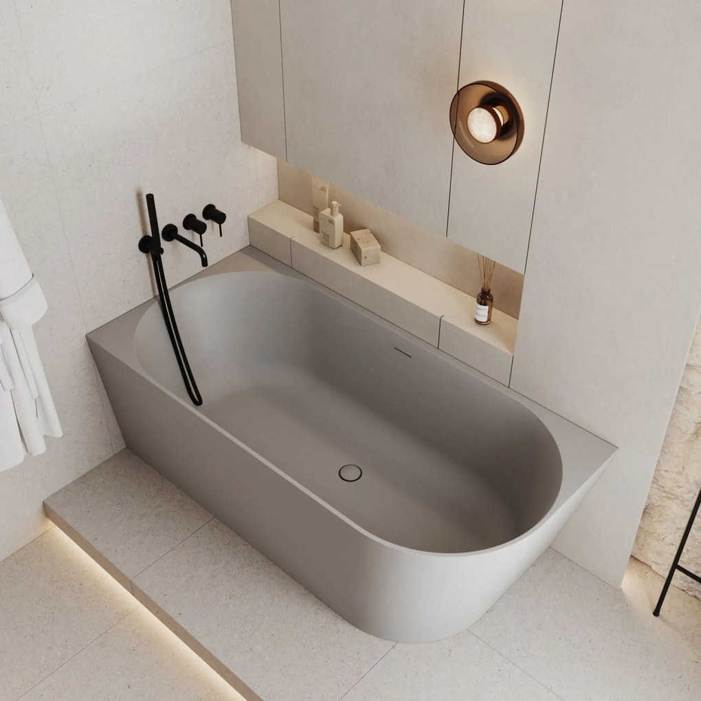 Wanna wolnostojąca narożna lewa z konglomeratu beżowa błyszcząca/matowa 160 x 75 cm WALL Beige Glow / Matt z przelewem typu SLIM : Kolor wanny - Szary matowy
