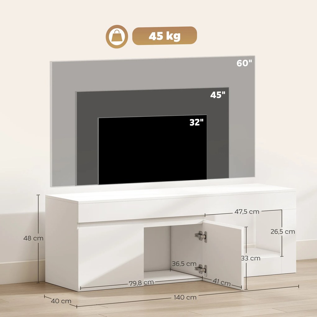 HOMCOM Nowoczesny lowboard TV do salonu z 2 drzwiami, otwartą półką i uchwytami, dla telewizorów do 152,4 cm, 140 x 40 x 48 cm, biały | Aosom PL