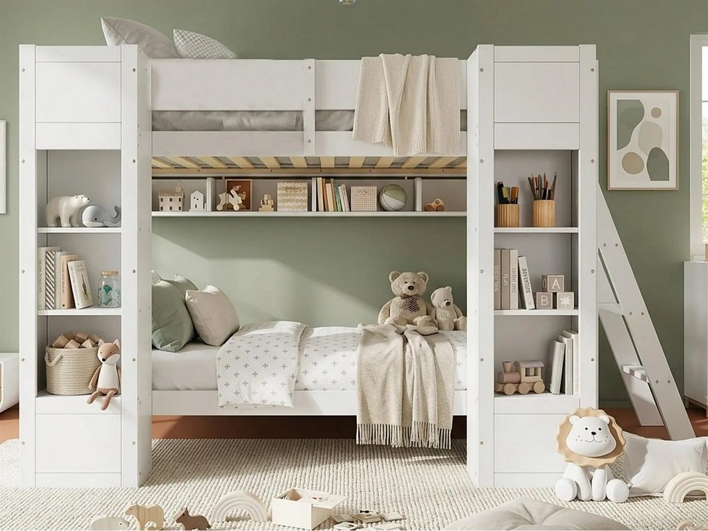 Łóżko piętrowe dziecięce 90x200 cm - z 2 biblioteczkami i półkami wiszącymi - drabinka zamontowana z lewej/prawej strony - lite drewno + MDF - Biały (bez materaca)