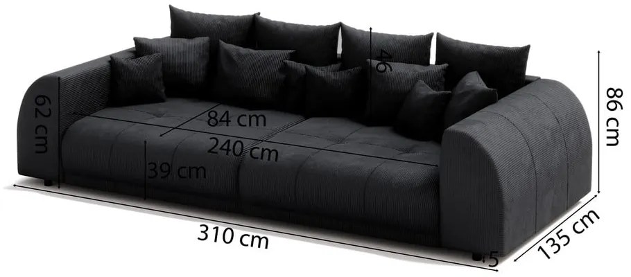 Czarna sztruksowa rozkładana sofa 310 cm Vanessa – Ropez