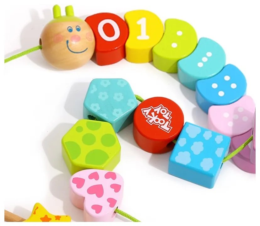 Tooky toy drewniane klocki do nawlekania gąsienica nauka liczenia 20 el.