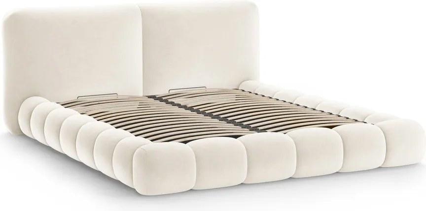 Tapicerowane łóżko dwuosobowe w kolorze kości słoniowej ze schowkiem i stelażem 160x200 cm Solange – Micadoni