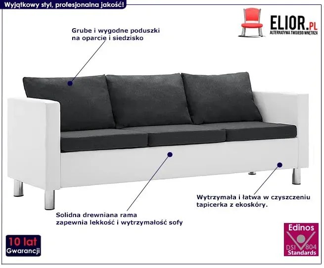 Atrakcyjna 3-osobowa sofa Karlo 3Q - biało-ciemnoszara