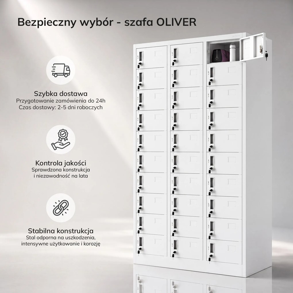 Szafka skrytkowa depozytowa 33-skrytkowa biała, 900x1850x450 mm: OLIVER