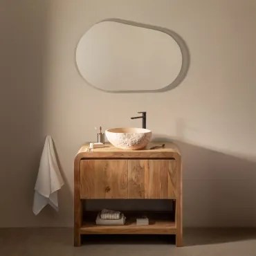 Zestaw Mebli Łazienkowych Z Drewna Vacry Akacja Brąz & Owalna Lampa Led I Przeciwmgielna 100x80 Cm Riben & ↔︎ 90 Cm & Czarny Matowy ↑30 - Sklum
