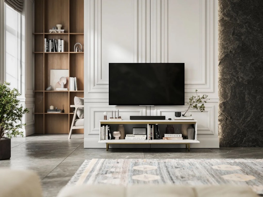 Ryflowana szafka RTV Selene 140 cm, biała na złotych nóżkach