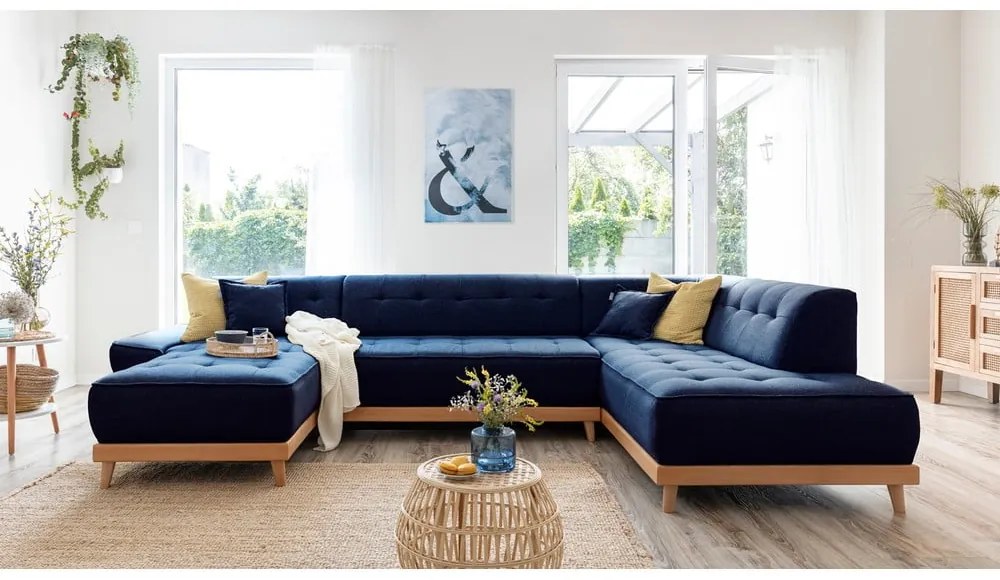 Granatowa rozkładana sofa w kształcie litery "U" Miuform Dazzling Daisy, prawostronna