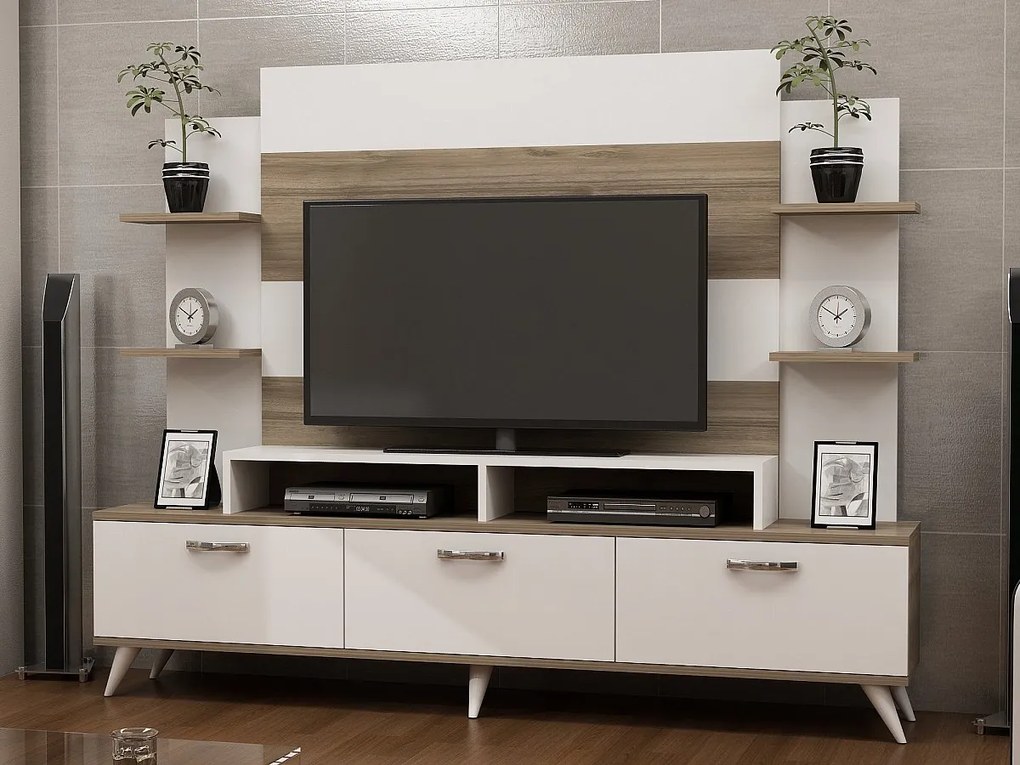 Nowoczesna szafka pod telewizor – 180 x 143 x 30 cm – Kolor biały i orzechowy – Płyta wiórowa pokryta melaminą
