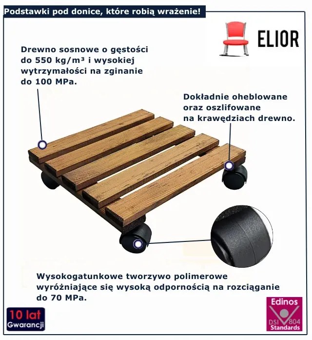 Brązowa drewniana podstawka na kółkach pod kwiaty W3-E91
