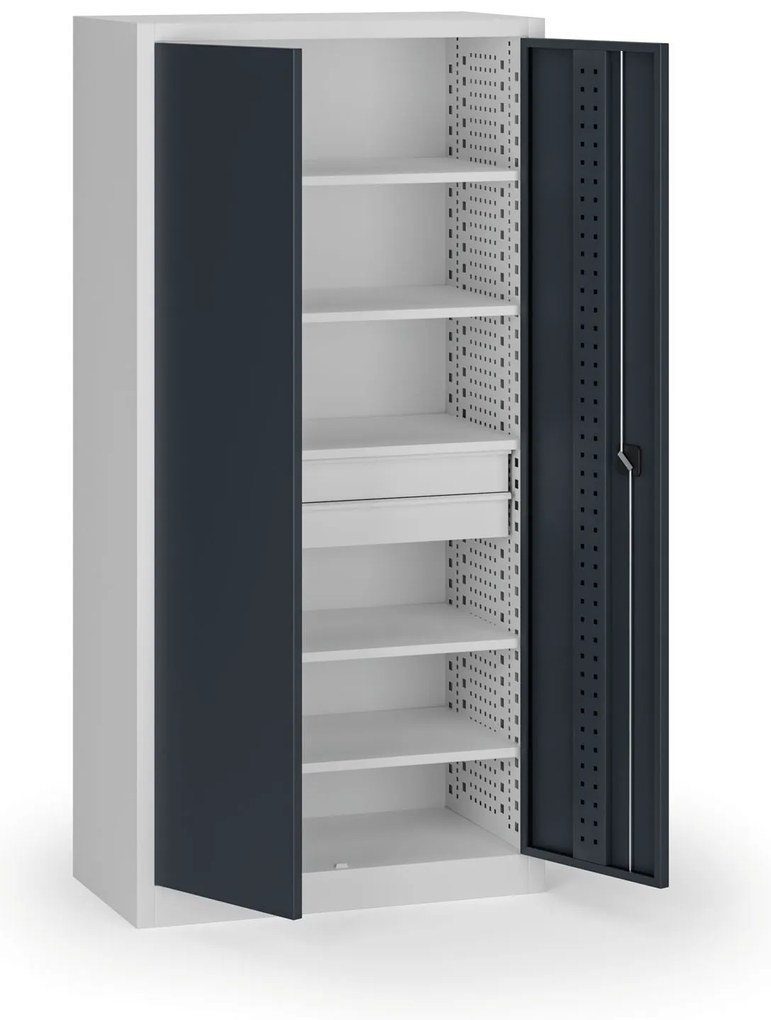 Szafa warsztatowa, 5 półek + 2 szuflady, 1950 × 950 × 500 mm, grafitowe drzwi