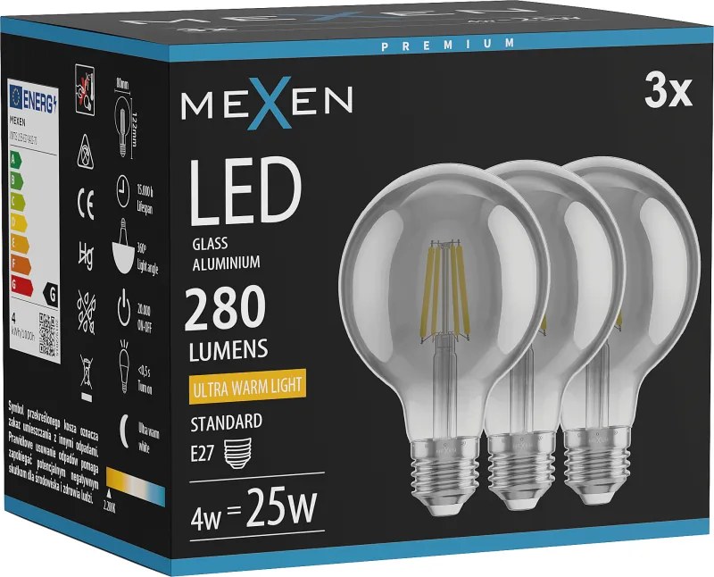 Mexen Vintis 3x żarówka filament LED E27, G80, 4W, Ciepła - 2200K, 280 lm, smoke - L155-E27-0422-70x03