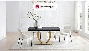 Stół do jadalni rozkładany dla 6 do 10 osób z ceramiki i złotego metalu - Efekt czarnego marmuru - OLIFIA marki Maison Céphy