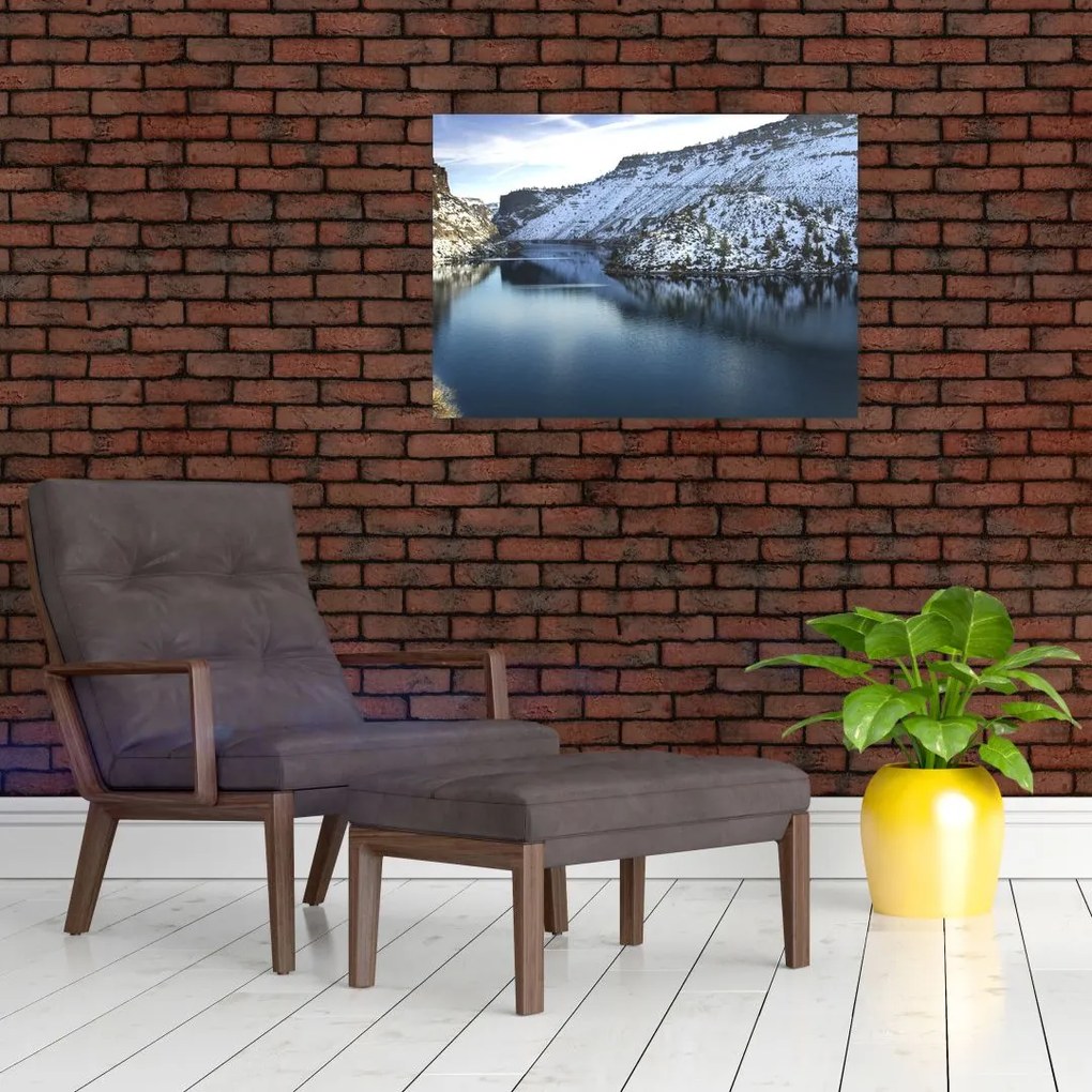 Obraz na szkle - zimowy krajobraz z jeziorem (70x50 cm)