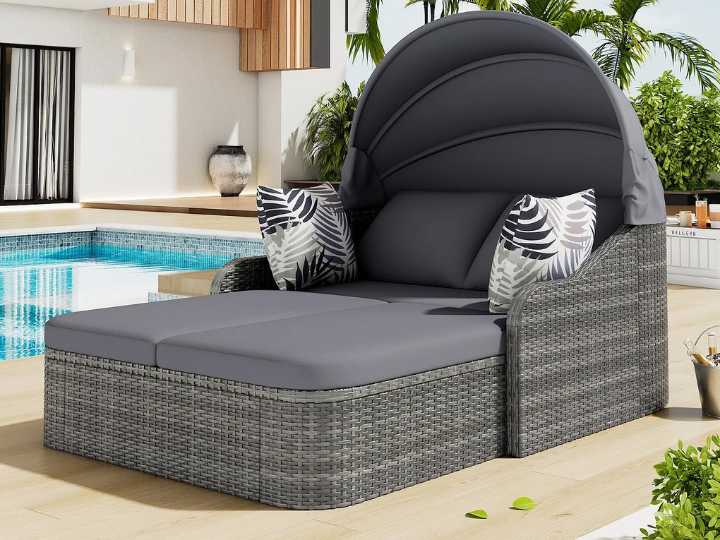 Zestaw wypoczynkowy ogrodowy z żywicy wiklinowej, 2-osobowy, łóżko ogrodowe z regulowanym baldachimem, fotel ogrodowy, 6 poduszek w zestawie, szary