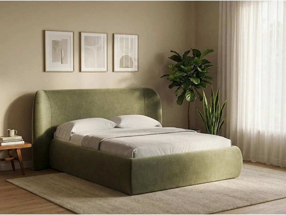 Jasnoniebieskie tapicerowane łóżko dwuosobowe ze schowkiem i stelażem 160x200 cm Hauke – Makamii