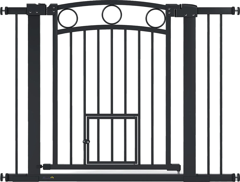 PawHut Bramka dla zwierząt regulowana 76-104 cm z drzwiczkami dla kota do schodów i drzwi czarna | Aosom PL