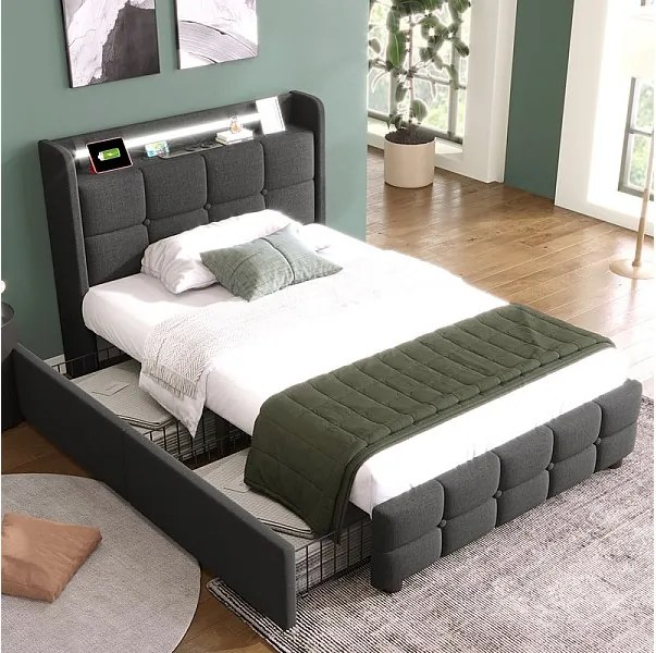 Łóżko tapicerowane 90x200 cm, z LED + 2 portami USB + 2 gniazdkami EU + 2 szufladami, stelaż listwowy, Szare