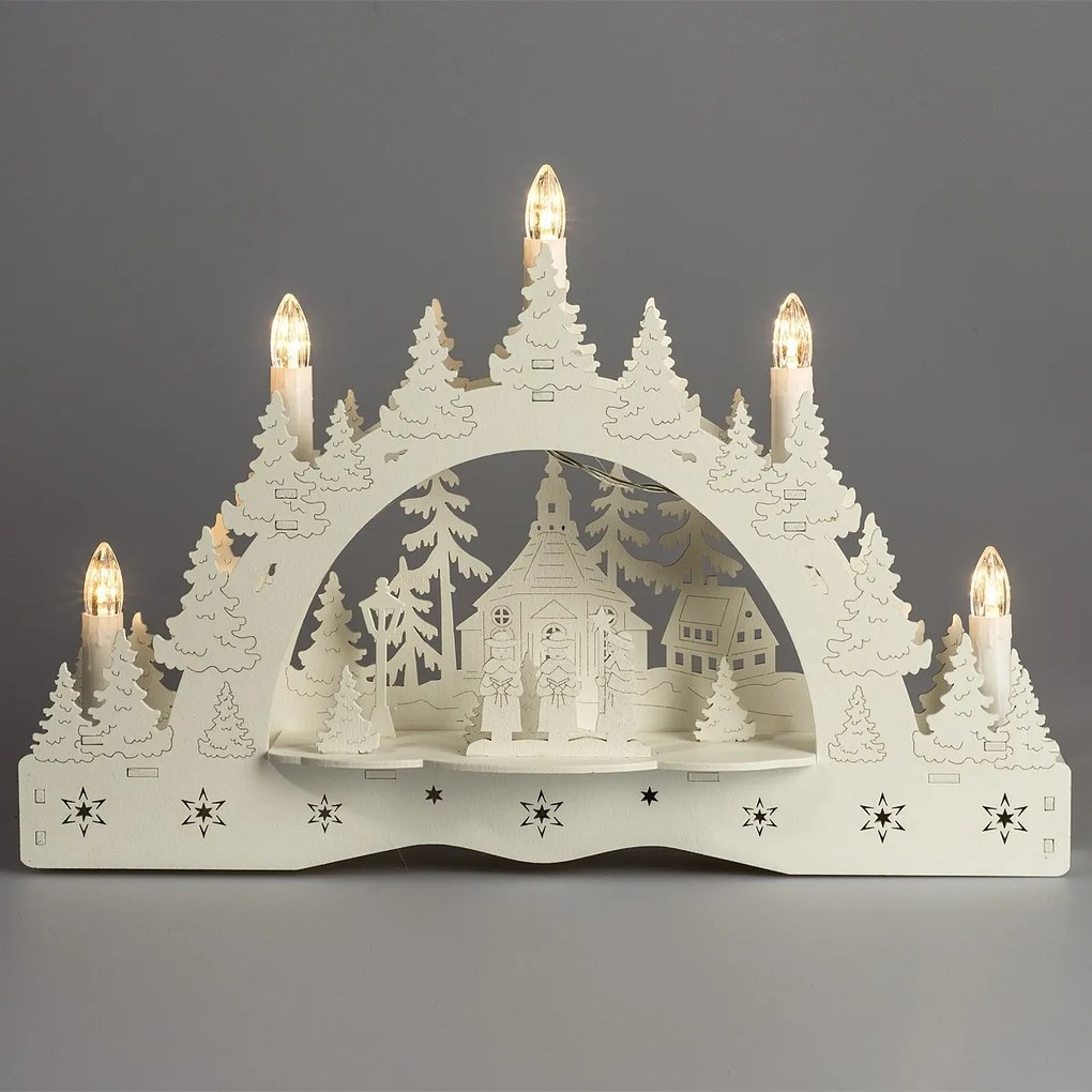Świecznik świąteczny LED Zimowa kraina, kolędnicy przed kościołem, 35 x 23 x 7,5 cm