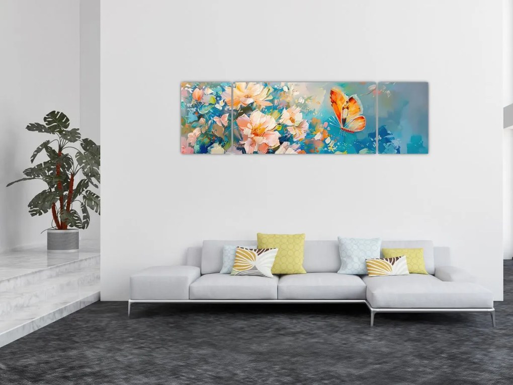 Obraz - Motyl i kwiaty, obraz olejny II. (170x50 cm)