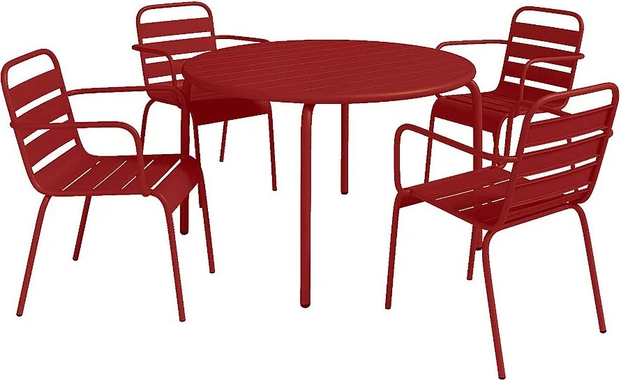 Metalowy zestaw jadalniany do ogrodu – stół o średnicy 110 cm i 4 fotele sztaplowane – czerwony – MIRMANDE od MYLIA