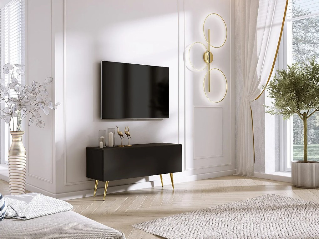 Szafka RTV: Czarny mat, złote nogi, 100 x 52 x 32 cm
